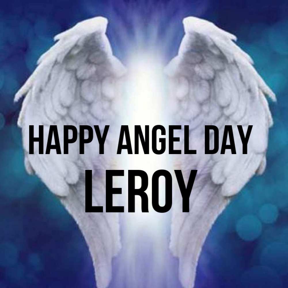 Greetings card с именем, Leroy happy angel day синий фон и крылышки Greetings with text for free download 