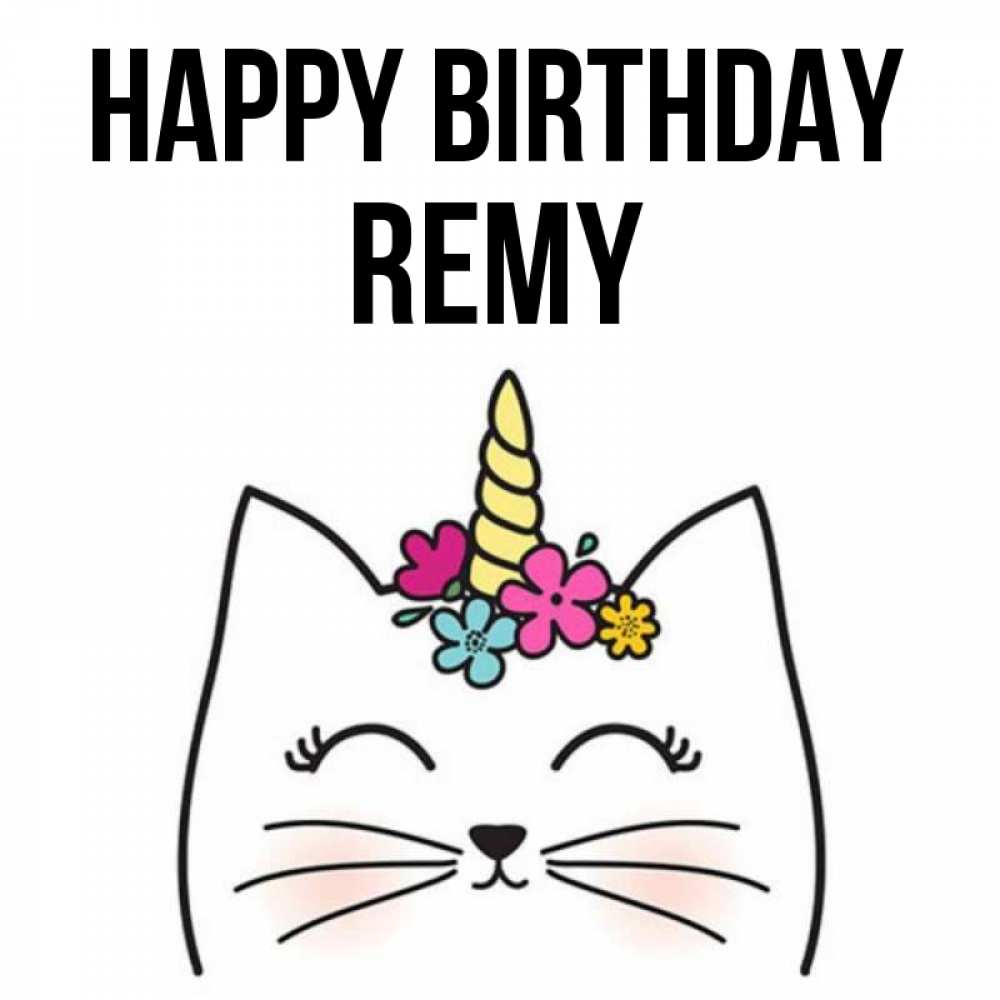 Greetings card с именем, Remy Happy Birthday милый кот с одним рожком Greetings with text for free download 