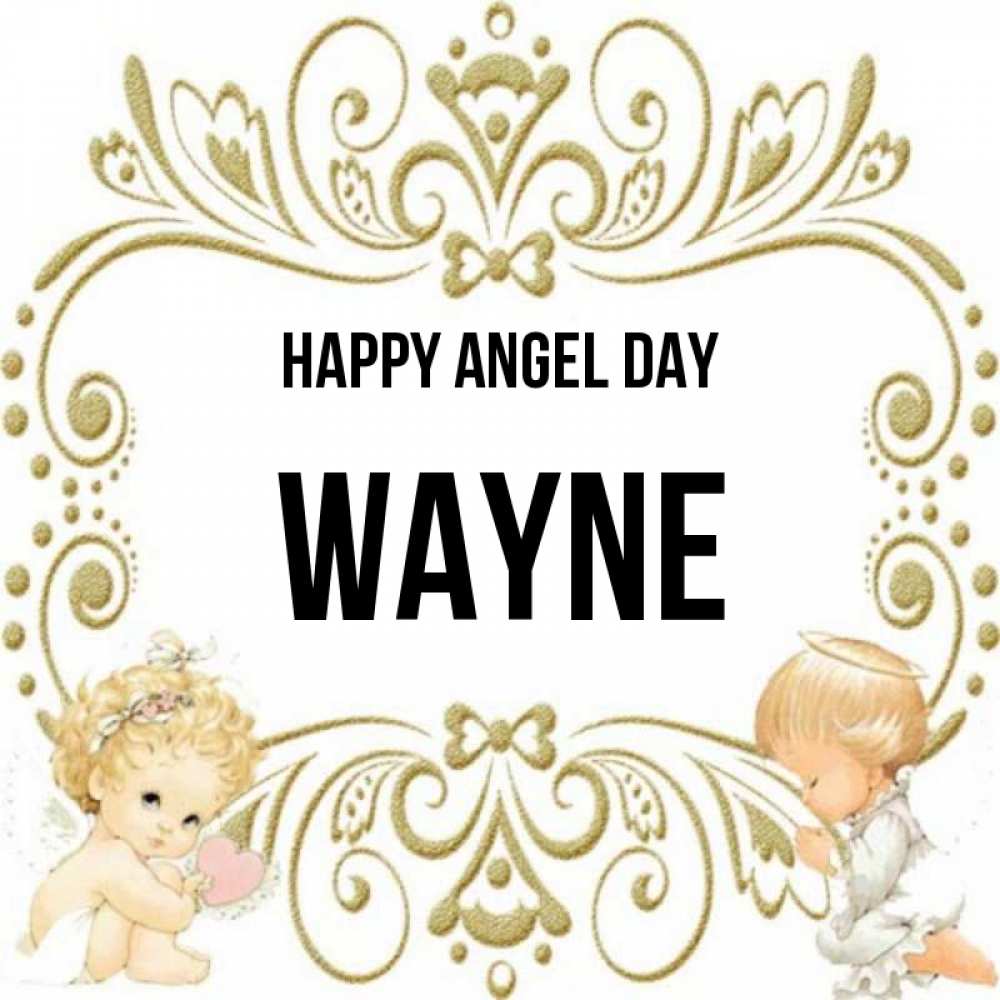 Greetings card с именем, Wayne happy angel day с именинами поздравляют два красивых ангела. Один с сердечком другой молится Greetings with text for free download 