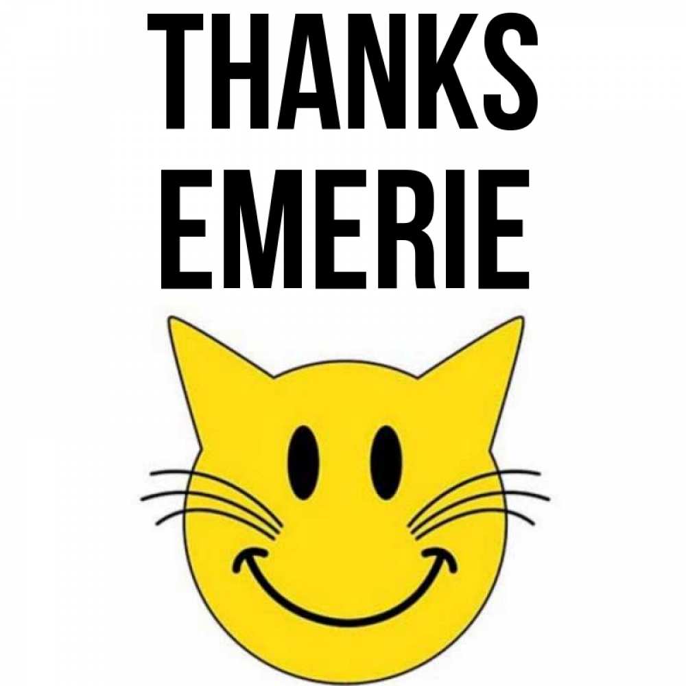 Greetings card с именем, Emerie Thanks улыбающийся смайл кот Greetings with text for free download 