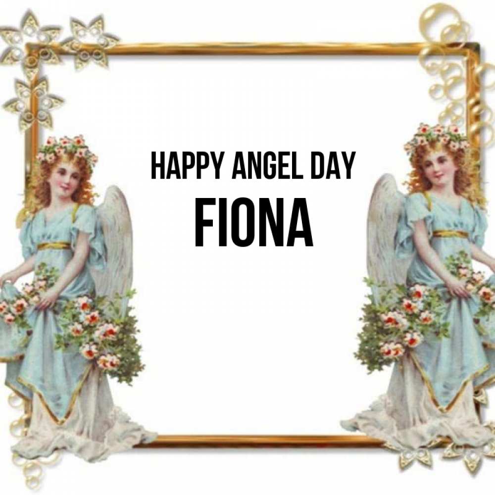 Greetings card с именем, Fiona happy angel day рамочка из золота и ангелы Greetings with text for free download 