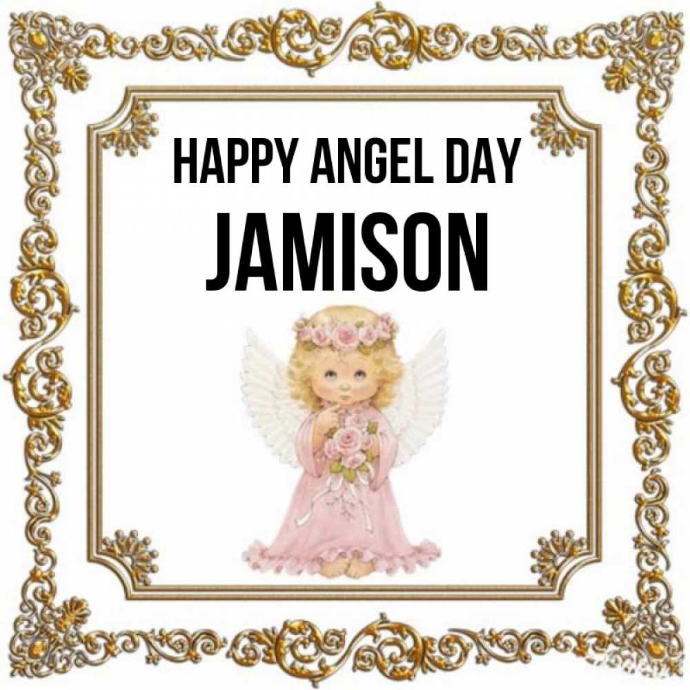 Greetings card с именем, Jamison happy angel day девочка ангел с крыльями и цветами в розовом платье Greetings with text for free download 