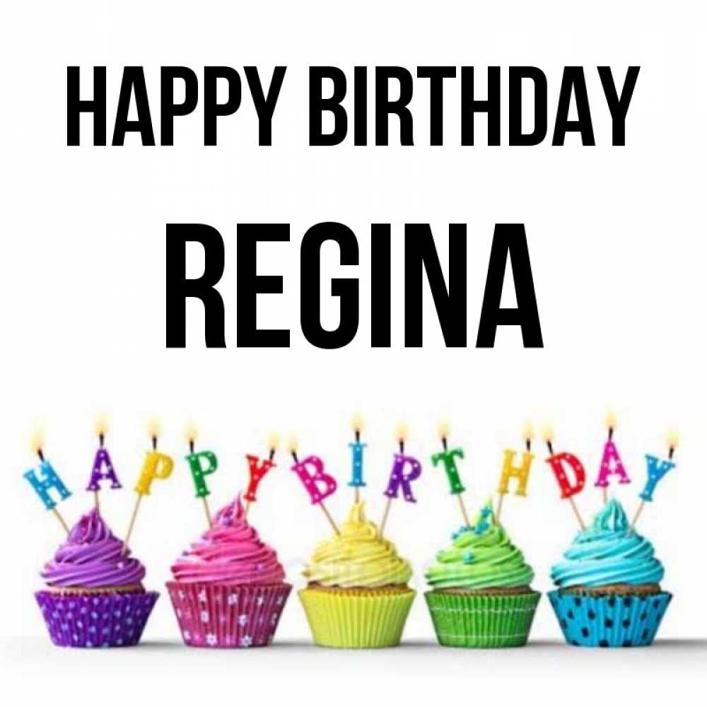 Greetings card с именем, Regina Happy Birthday открытка ко дню рождения с разноцветными вкусняшками Greetings with text for free download 