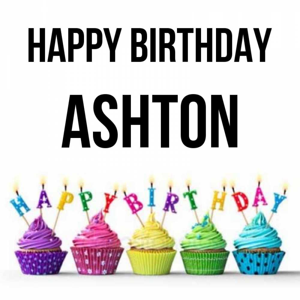 Greetings card с именем, Ashton Happy Birthday открытка ко дню рождения с разноцветными вкусняшками Greetings with text for free download 
