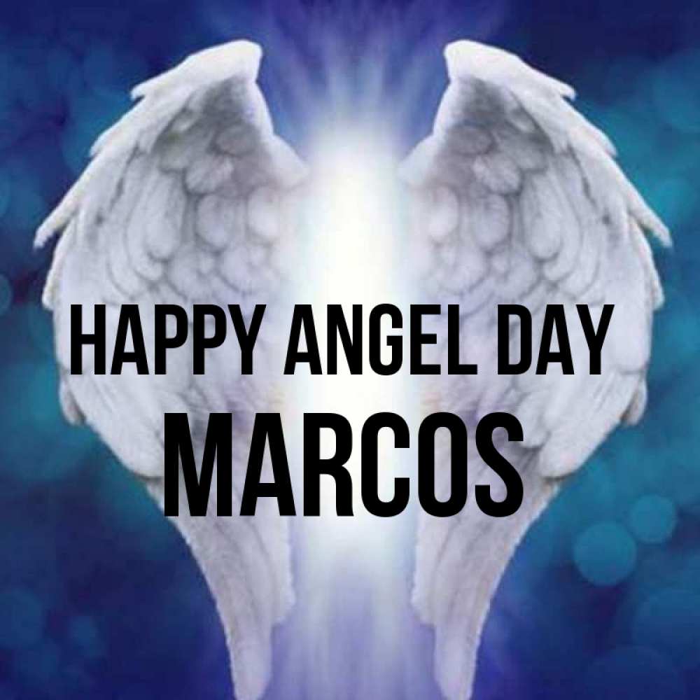 Greetings card с именем, Marcos happy angel day синий фон и крылышки Greetings with text for free download 