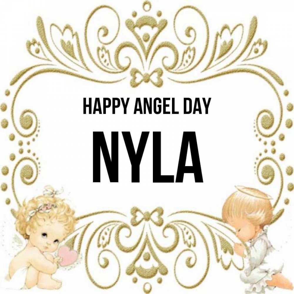 Greetings card с именем, Nyla happy angel day с именинами поздравляют два красивых ангела. Один с сердечком другой молится Greetings with text for free download 