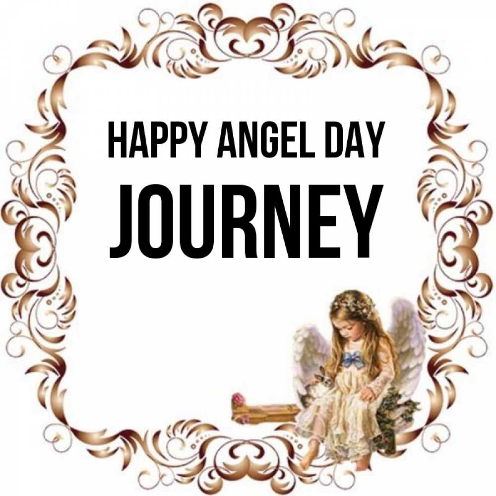 Greetings card с именем, Journey happy angel day рамочка из перьев и ангелочек Greetings with text for free download 