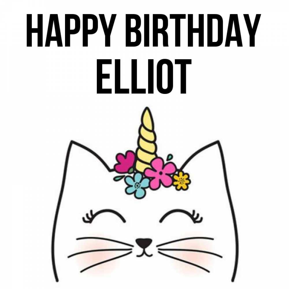 Greetings card с именем, Elliot Happy Birthday милый кот с одним рожком Greetings with text for free download 