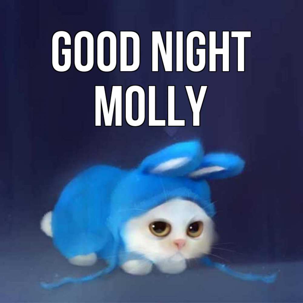 Greetings card с именем, Molly Good night кот в голубом костюме кролика с ушками Greetings with text for free download 