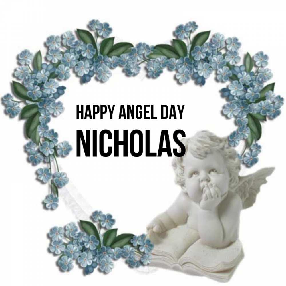 Greetings card с именем, Nicholas happy angel day голубые цветы и мраморный ангел Greetings with text for free download 