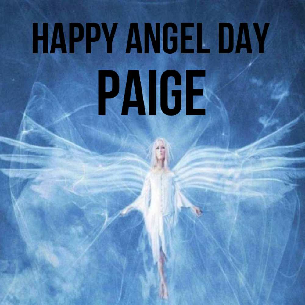 Greetings card с именем, Paige happy angel day голубой фон и крылья как у стрекозы Greetings with text for free download 