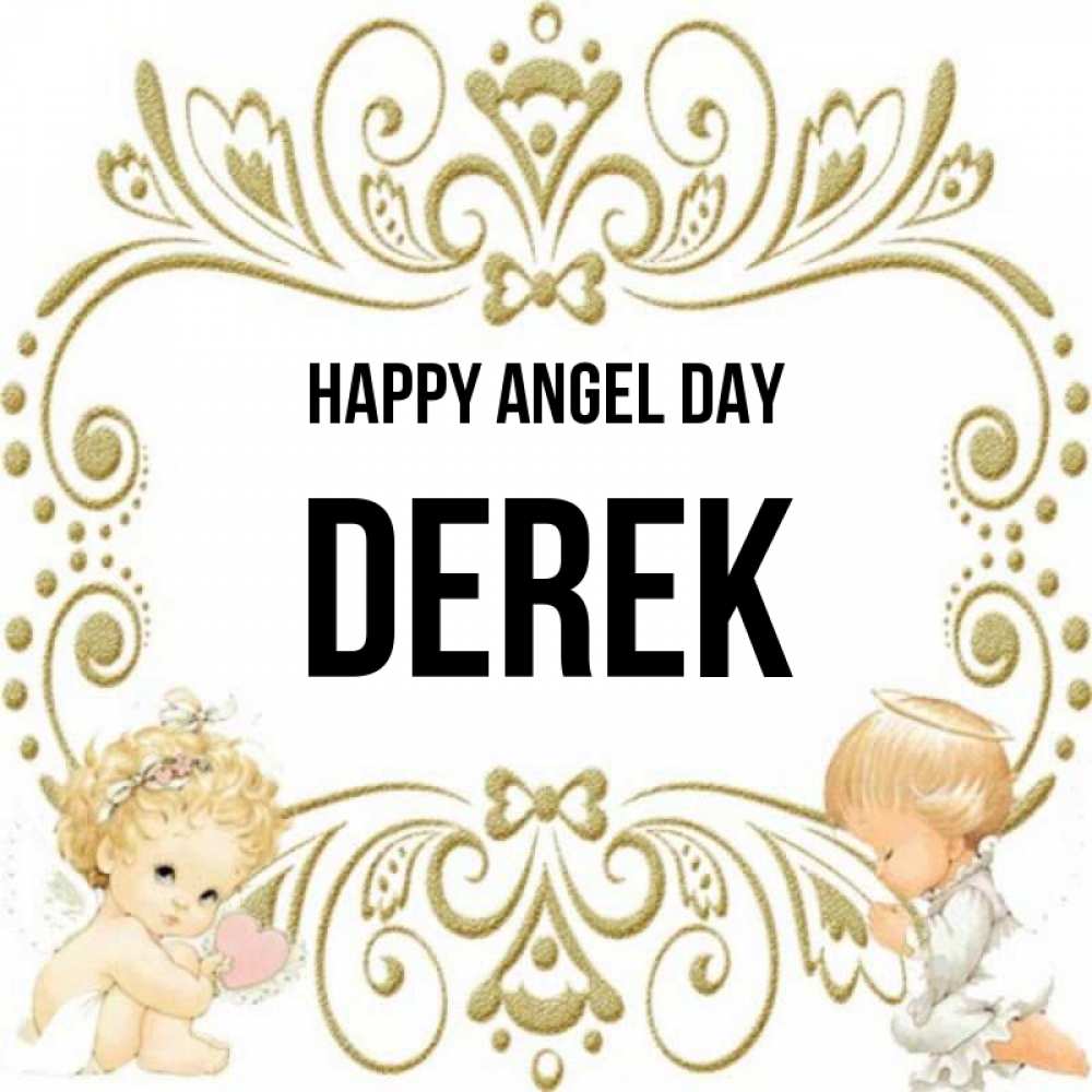 Greetings card с именем, Derek happy angel day с именинами поздравляют два красивых ангела. Один с сердечком другой молится Greetings with text for free download 