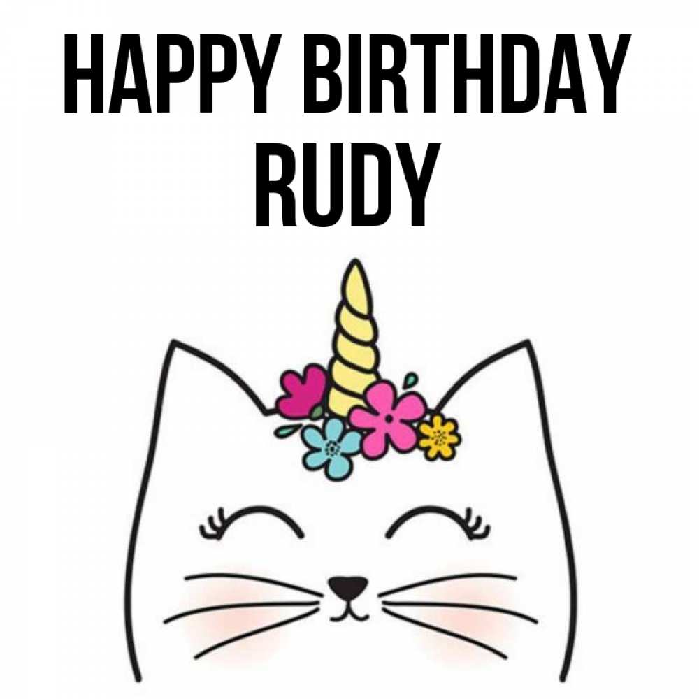 Greetings card с именем, Rudy Happy Birthday милый кот с одним рожком Greetings with text for free download 