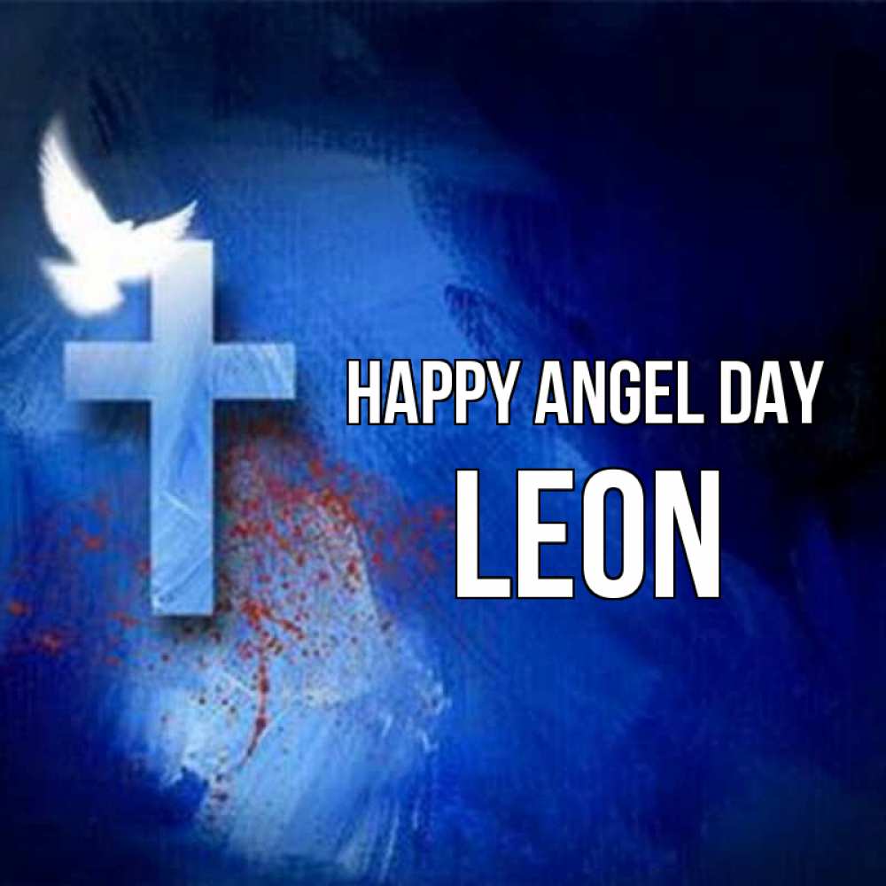 Greetings card с именем, Leon happy angel day Синий фон и птица Greetings with text for free download 