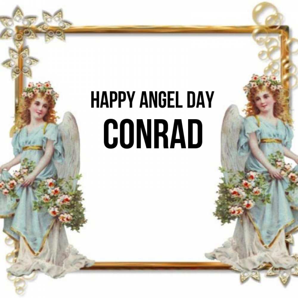 Greetings card с именем, Conrad happy angel day рамочка из золота и ангелы Greetings with text for free download 