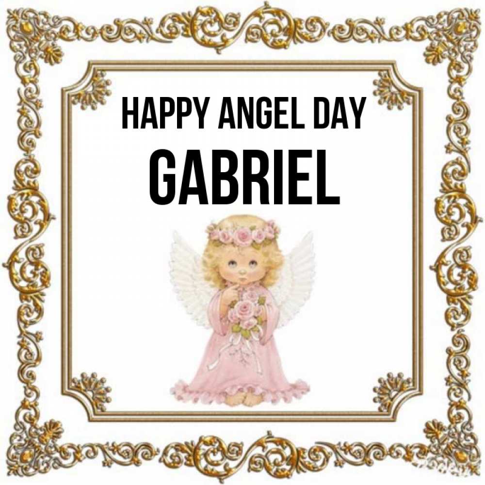 Greetings card с именем, Gabriel happy angel day девочка ангел с крыльями и цветами в розовом платье Greetings with text for free download 