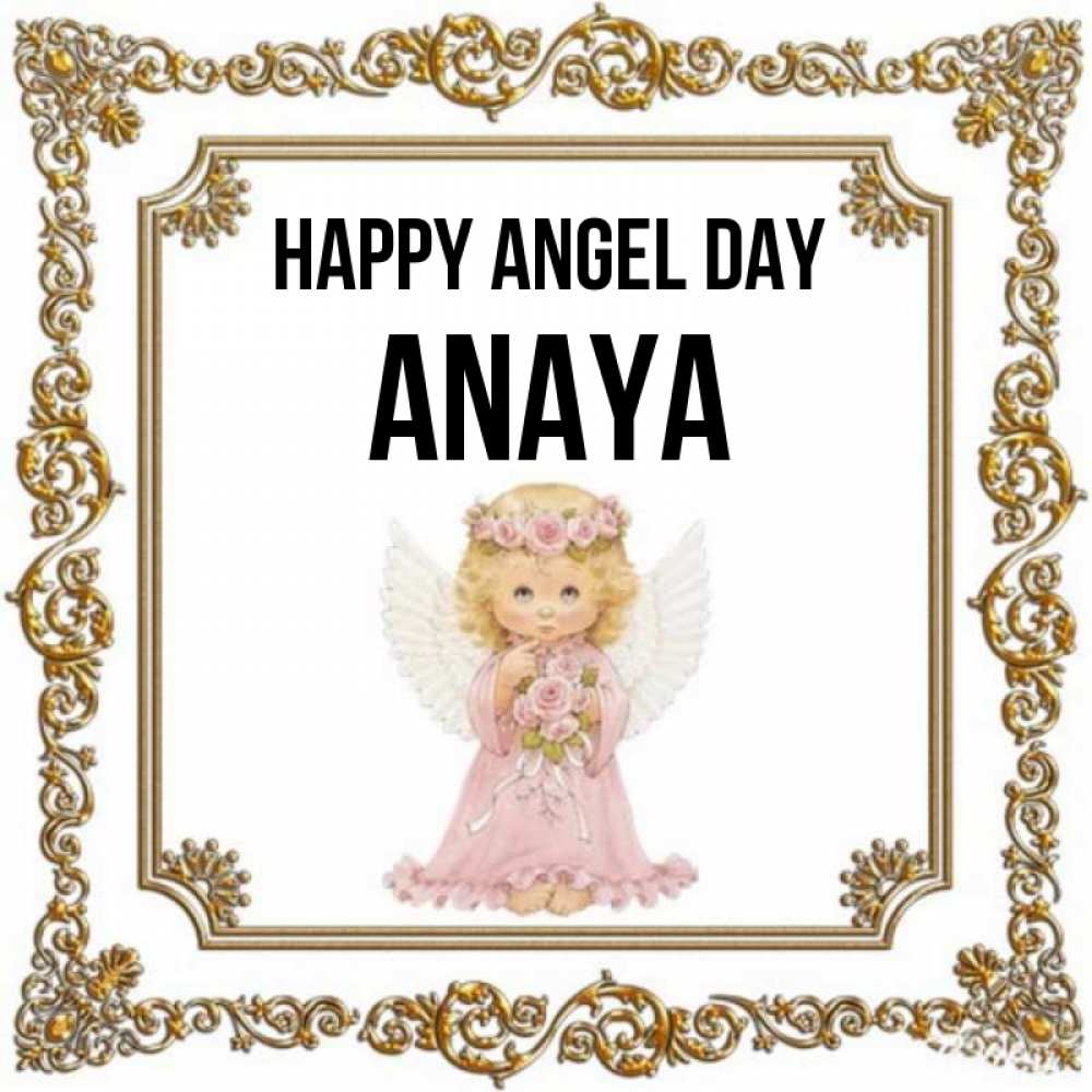 Greetings card с именем, Anaya happy angel day девочка ангел с крыльями и цветами в розовом платье Greetings with text for free download 
