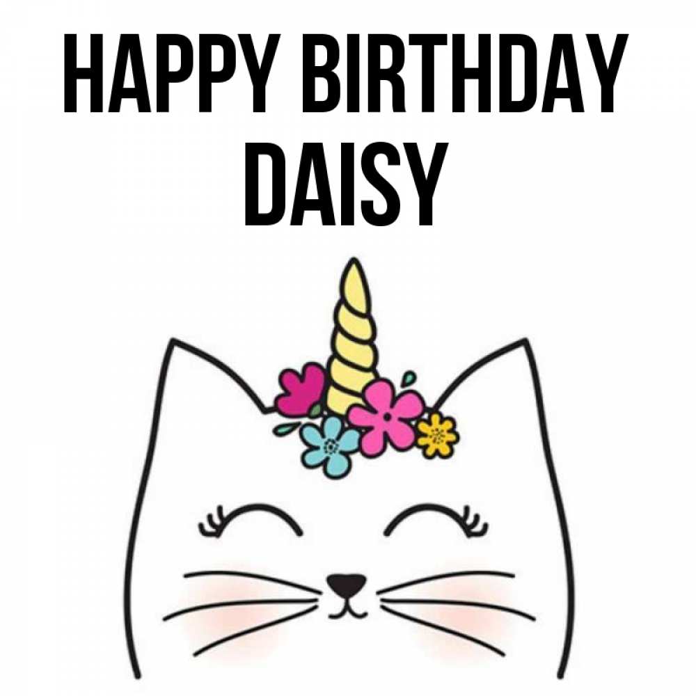 Greetings card с именем, Daisy Happy Birthday милый кот с одним рожком Greetings with text for free download 