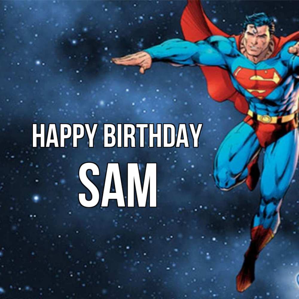 Greetings card с именем, Sam Happy Birthday супергерой Greetings with text for free download 