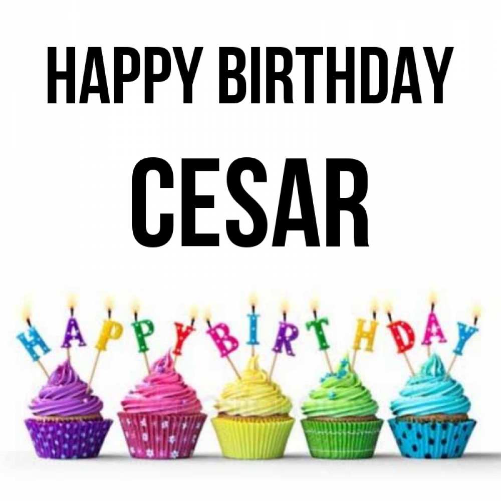 Greetings card с именем, Cesar Happy Birthday открытка ко дню рождения с разноцветными вкусняшками Greetings with text for free download 