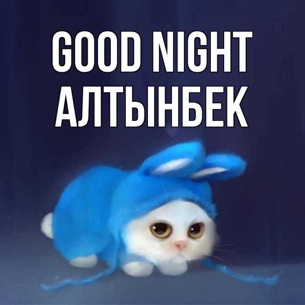 Greetings card с именем, Алтынбек Good night кот в голубом костюме кролика с ушками Greetings with text for free download 