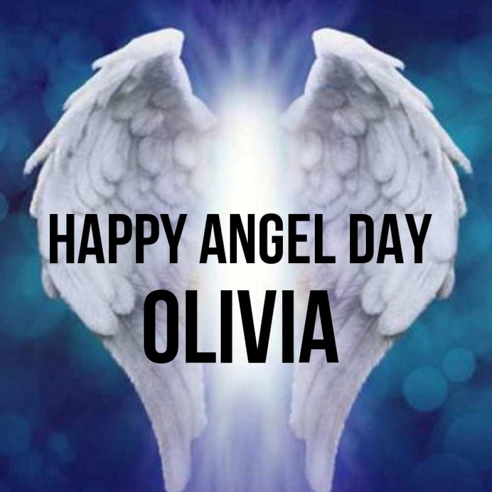 Greetings card с именем, Olivia happy angel day синий фон и крылышки Greetings with text for free download 