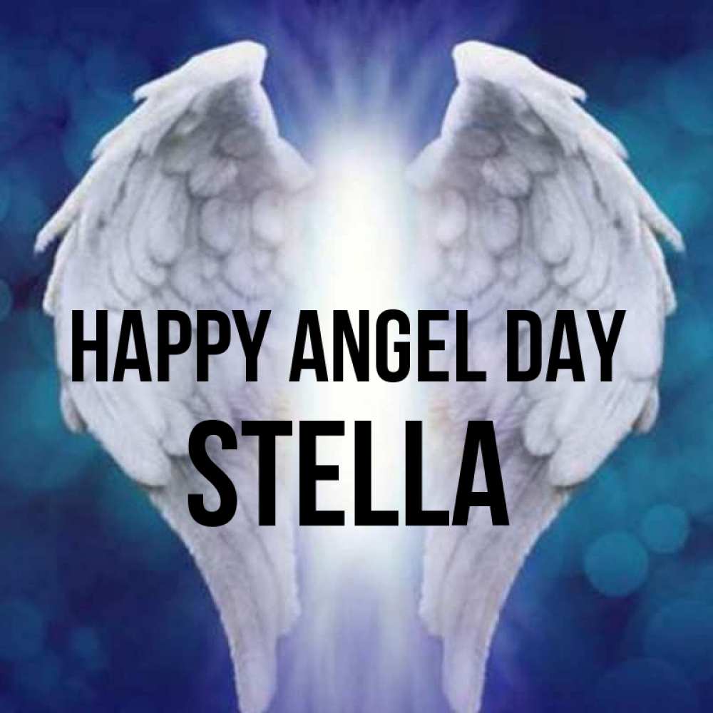 Greetings card с именем, Stella happy angel day синий фон и крылышки Greetings with text for free download 