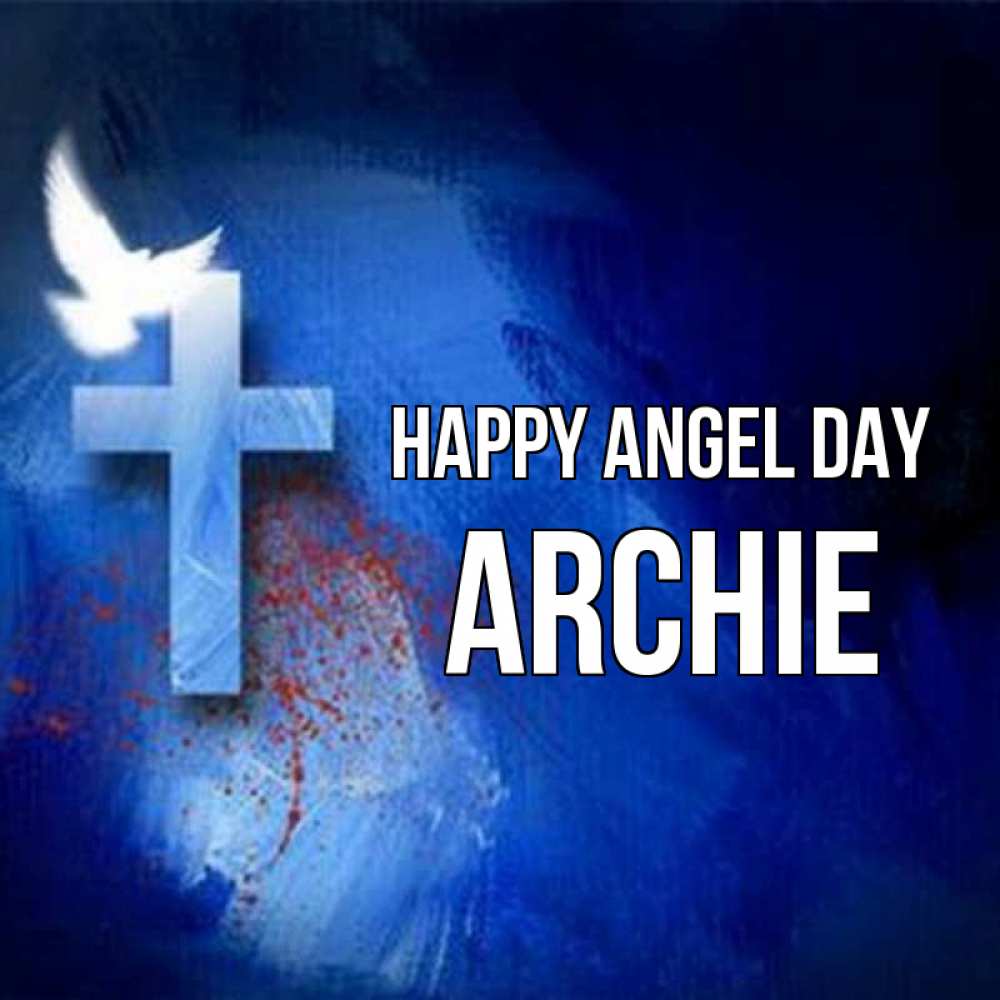 Greetings card с именем, Archie happy angel day Синий фон и птица Greetings with text for free download 