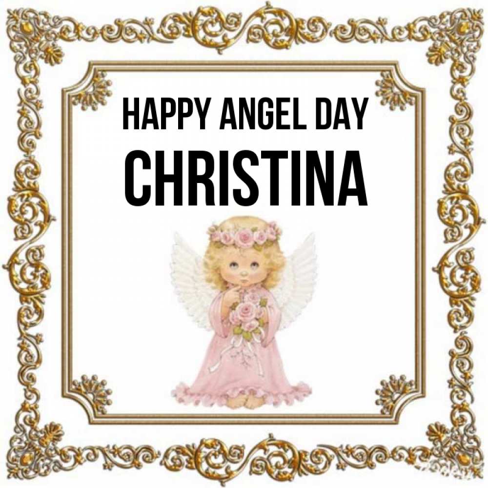 Greetings card с именем, Christina happy angel day девочка ангел с крыльями и цветами в розовом платье Greetings with text for free download 