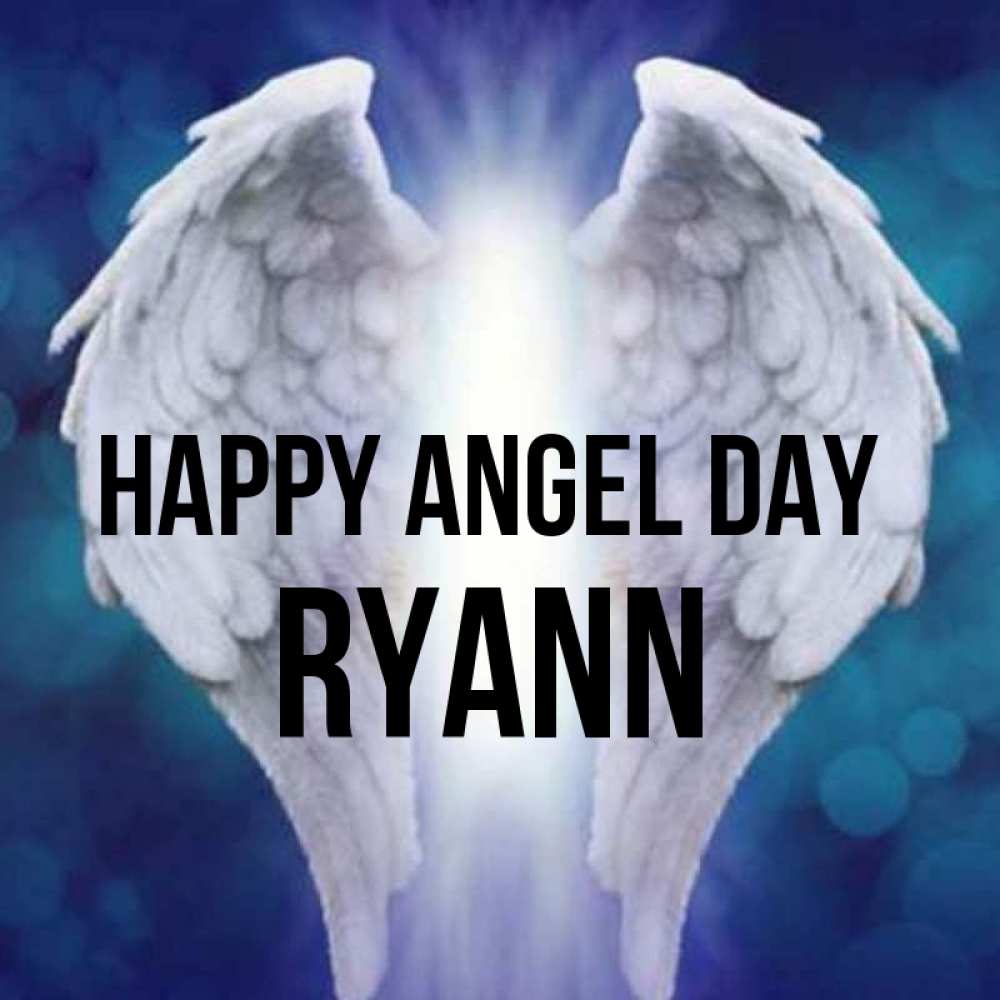 Greetings card с именем, Ryann happy angel day синий фон и крылышки Greetings with text for free download 