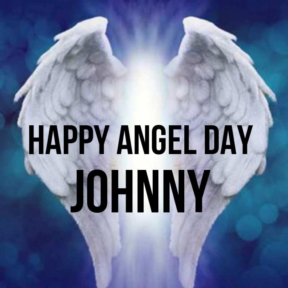 Greetings card с именем, Johnny happy angel day синий фон и крылышки Greetings with text for free download 