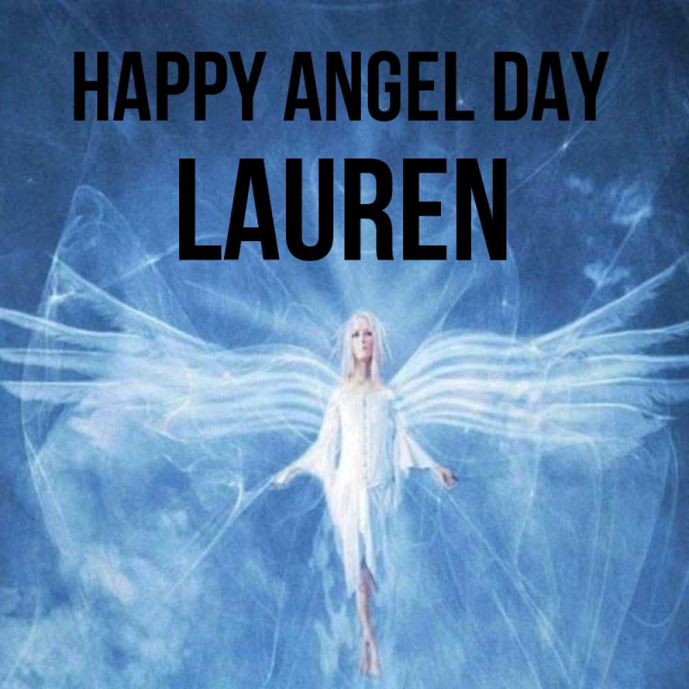 Greetings card с именем, Lauren happy angel day голубой фон и крылья как у стрекозы Greetings with text for free download 