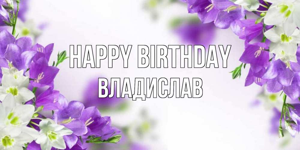 Greetings card с именем, Владислав Happy Birthday открытка на день рождения с сиреневыми цветами Greetings with text for free download 