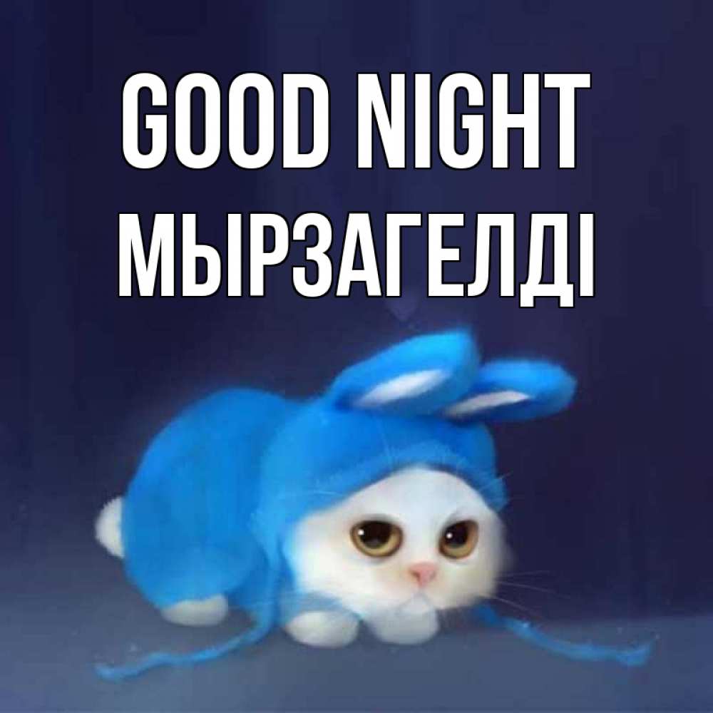 Greetings card с именем, Мырзагелді Good night кот в голубом костюме кролика с ушками Greetings with text for free download 