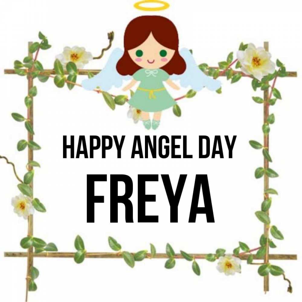 Greetings card с именем, Freya happy angel day Ангел с нимбом Greetings with text for free download 