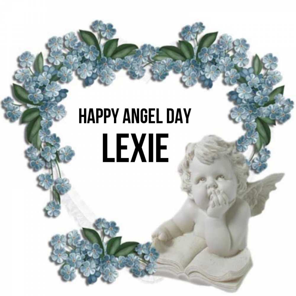 Greetings card с именем, Lexie happy angel day голубые цветы и мраморный ангел Greetings with text for free download 