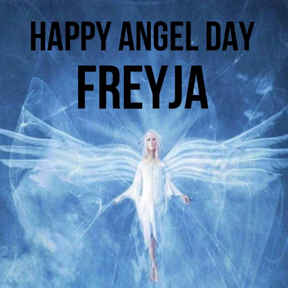 Greetings card с именем, Freyja happy angel day голубой фон и крылья как у стрекозы Greetings with text for free download 
