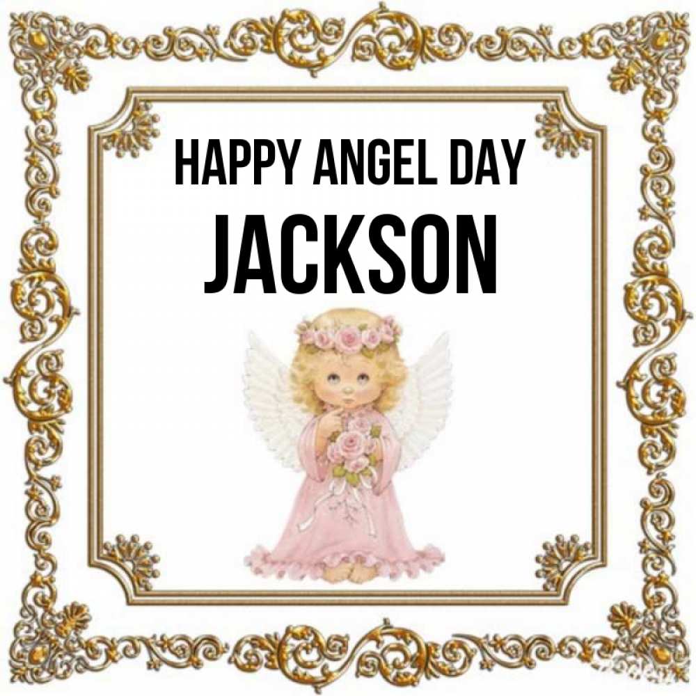Greetings card с именем, Jackson happy angel day девочка ангел с крыльями и цветами в розовом платье Greetings with text for free download 