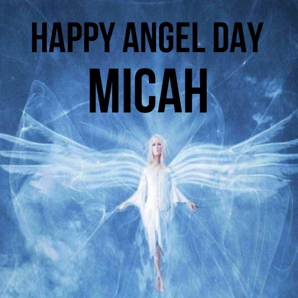 Greetings card с именем, Micah happy angel day голубой фон и крылья как у стрекозы Greetings with text for free download 