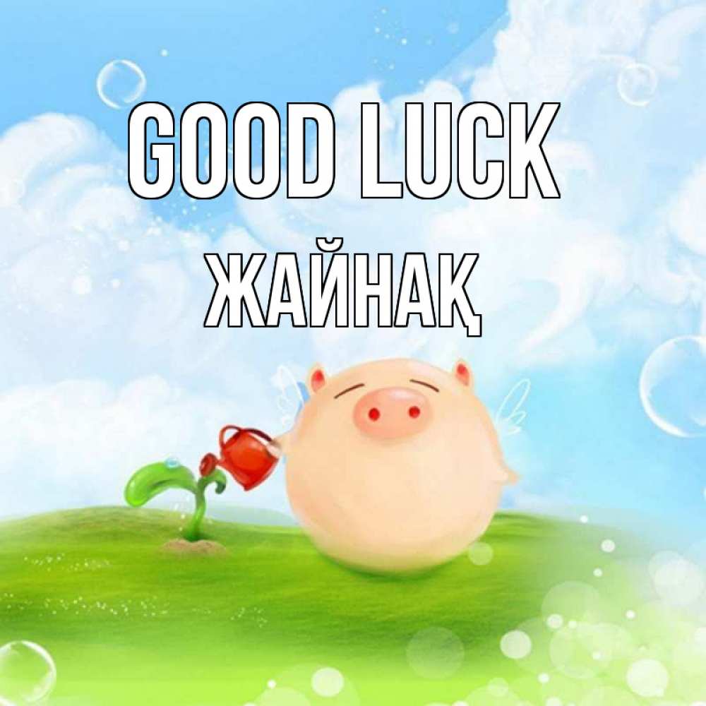 Greetings card с именем, Жайнақ Good luck поросенок поливает цветок. летнее настроение Greetings with text for free download 