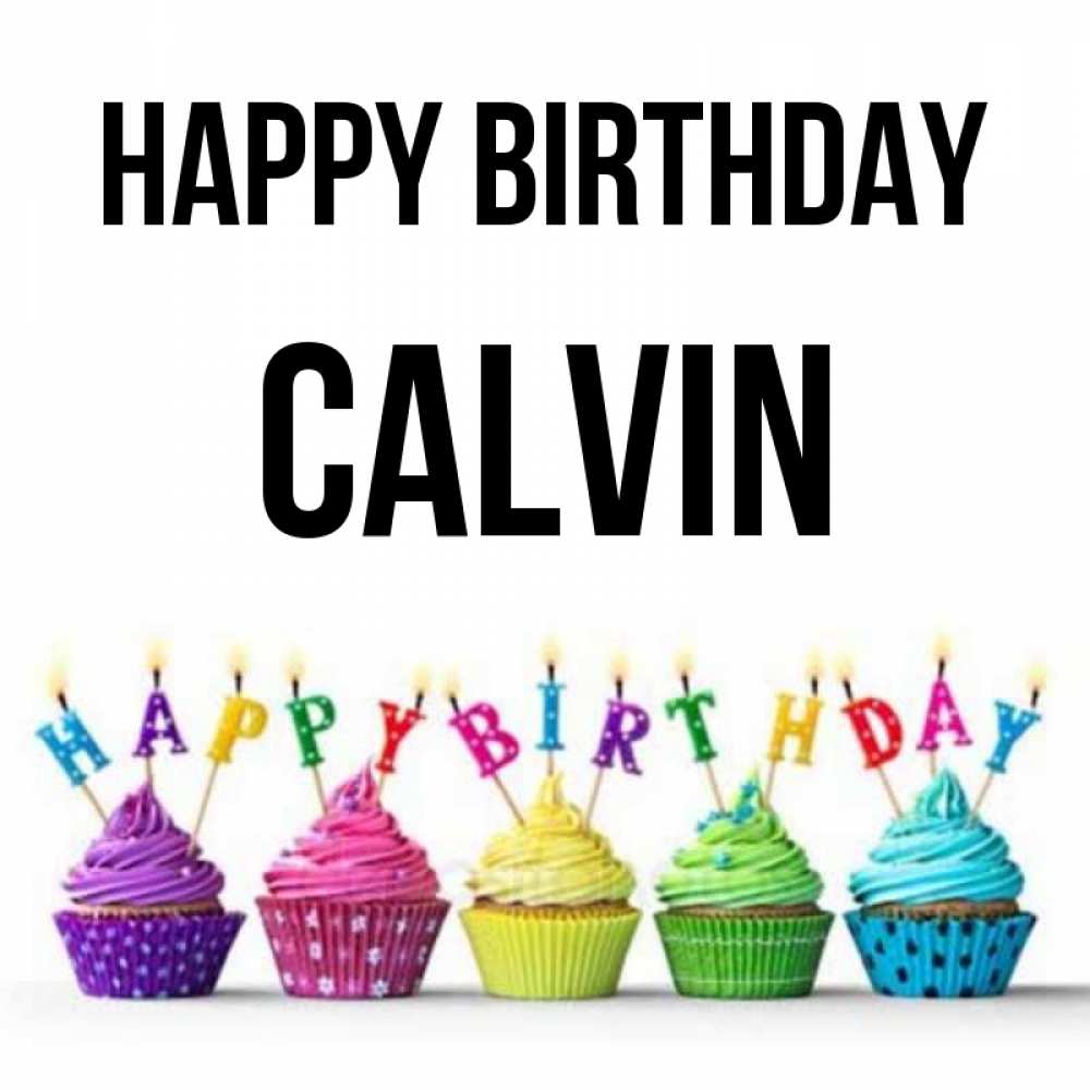 Greetings card с именем, Calvin Happy Birthday открытка ко дню рождения с разноцветными вкусняшками Greetings with text for free download 