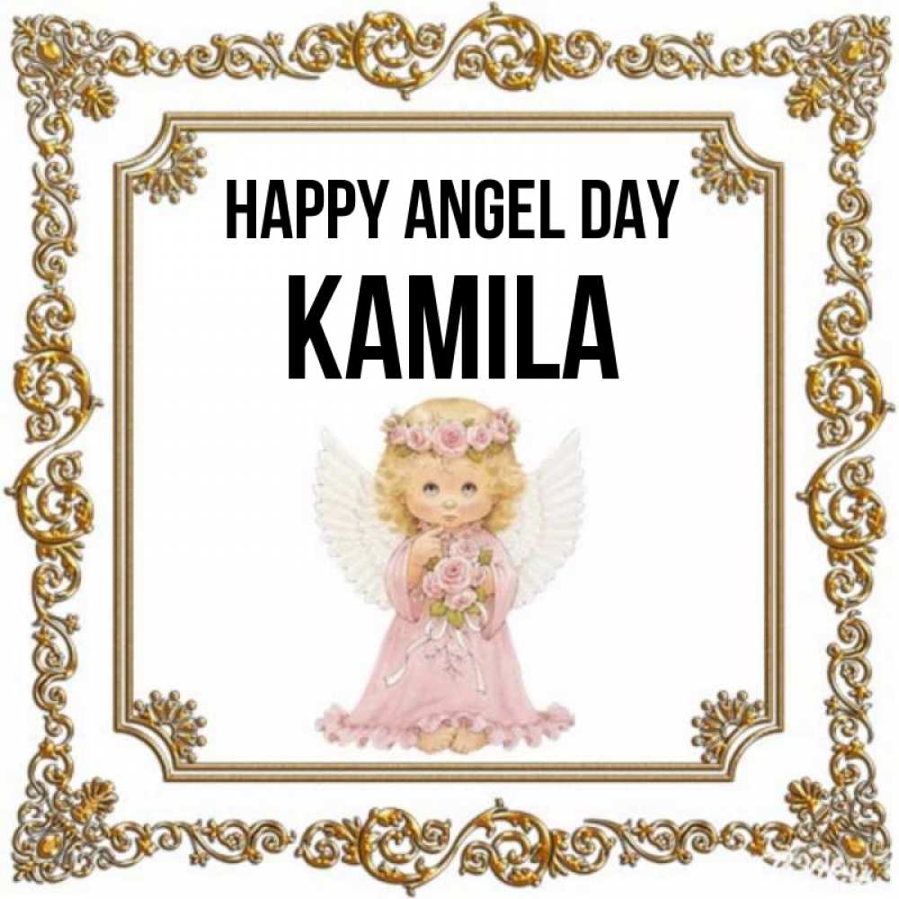 Greetings card с именем, Kamila happy angel day девочка ангел с крыльями и цветами в розовом платье Greetings with text for free download 