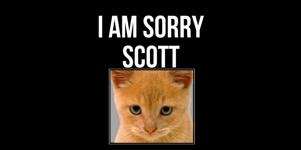 Greetings card с именем, Scott I am sorry рыжий грустный кот просит прощения Greetings with text for free download 