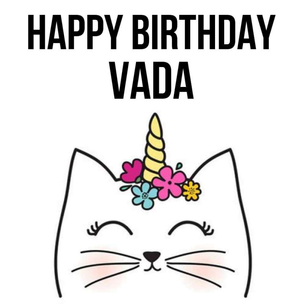 Greetings card с именем, Vada Happy Birthday милый кот с одним рожком Greetings with text for free download 