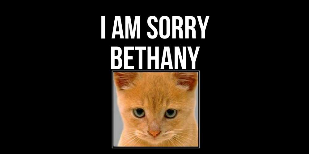 Greetings card с именем, Bethany I am sorry рыжий грустный кот просит прощения Greetings with text for free download 