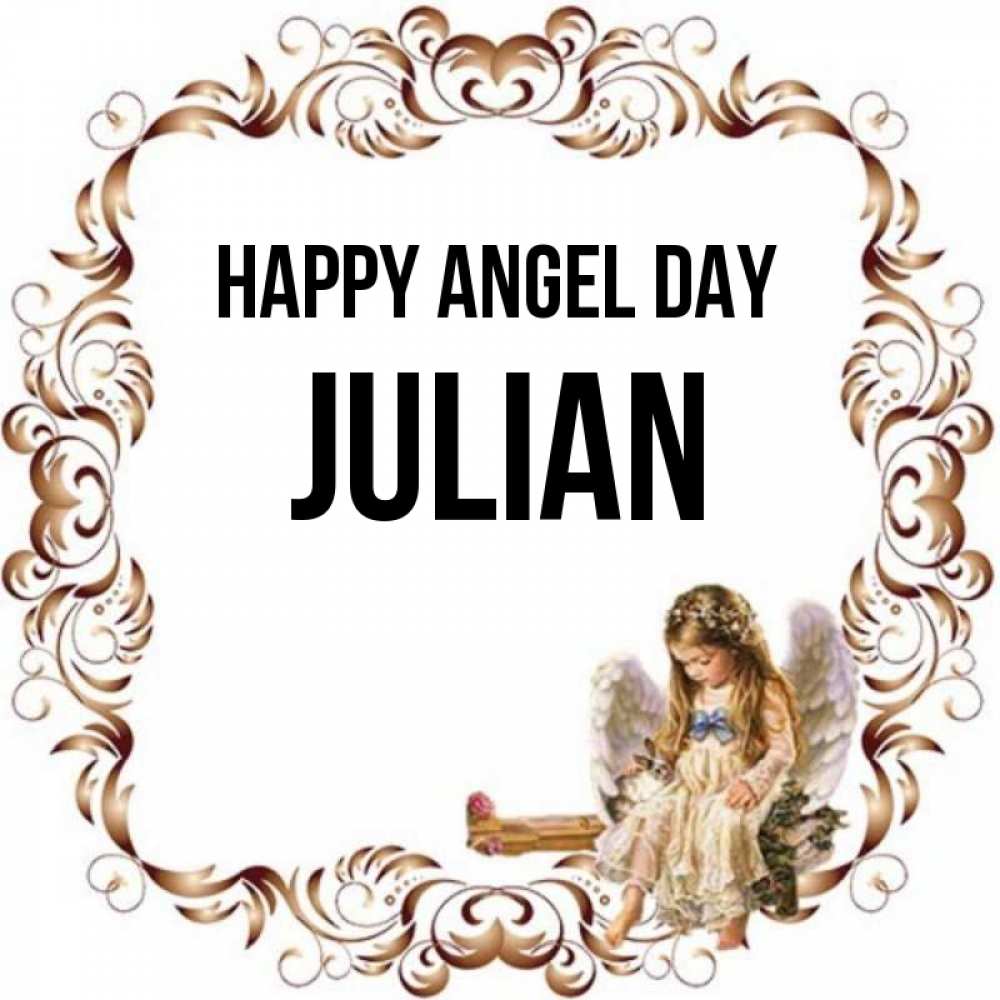 Greetings card с именем, Julian happy angel day рамочка из перьев и ангелочек Greetings with text for free download 