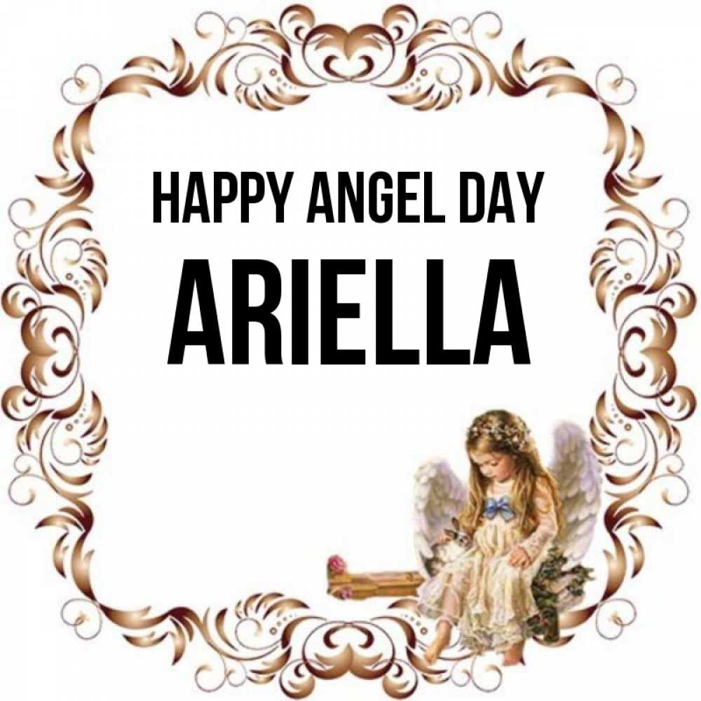 Greetings card с именем, Ariella happy angel day рамочка из перьев и ангелочек Greetings with text for free download 
