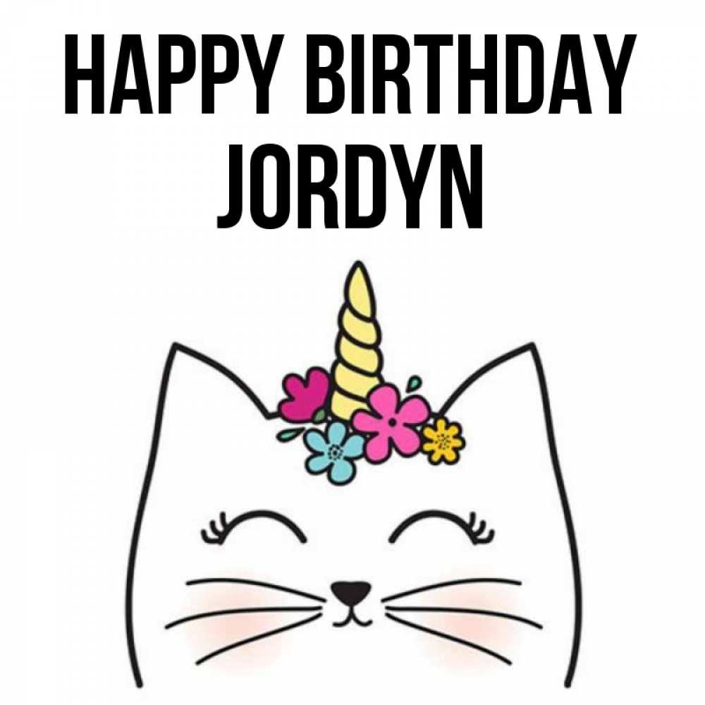 Greetings card с именем, Jordyn Happy Birthday милый кот с одним рожком Greetings with text for free download 