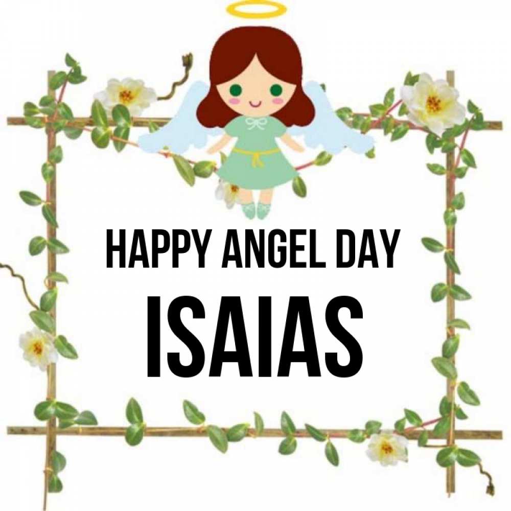 Greetings card с именем, Isaias happy angel day Ангел с нимбом Greetings with text for free download 
