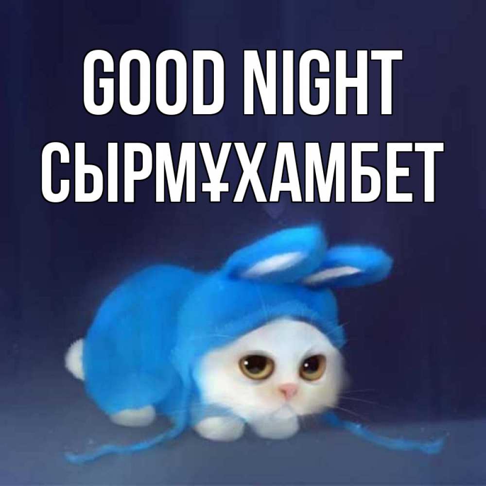 Greetings card с именем, СЫРМҰХАМБЕТ Good night кот в голубом костюме кролика с ушками Greetings with text for free download 